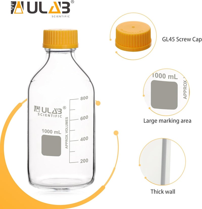 ULAB Round Media Storage Bottle, Vol.250ml(8.5oz) 3.3 Borosilicate Glass Storage Bottles with GL45 Screw Cap, Pack of 6, URB1036 - Image 3